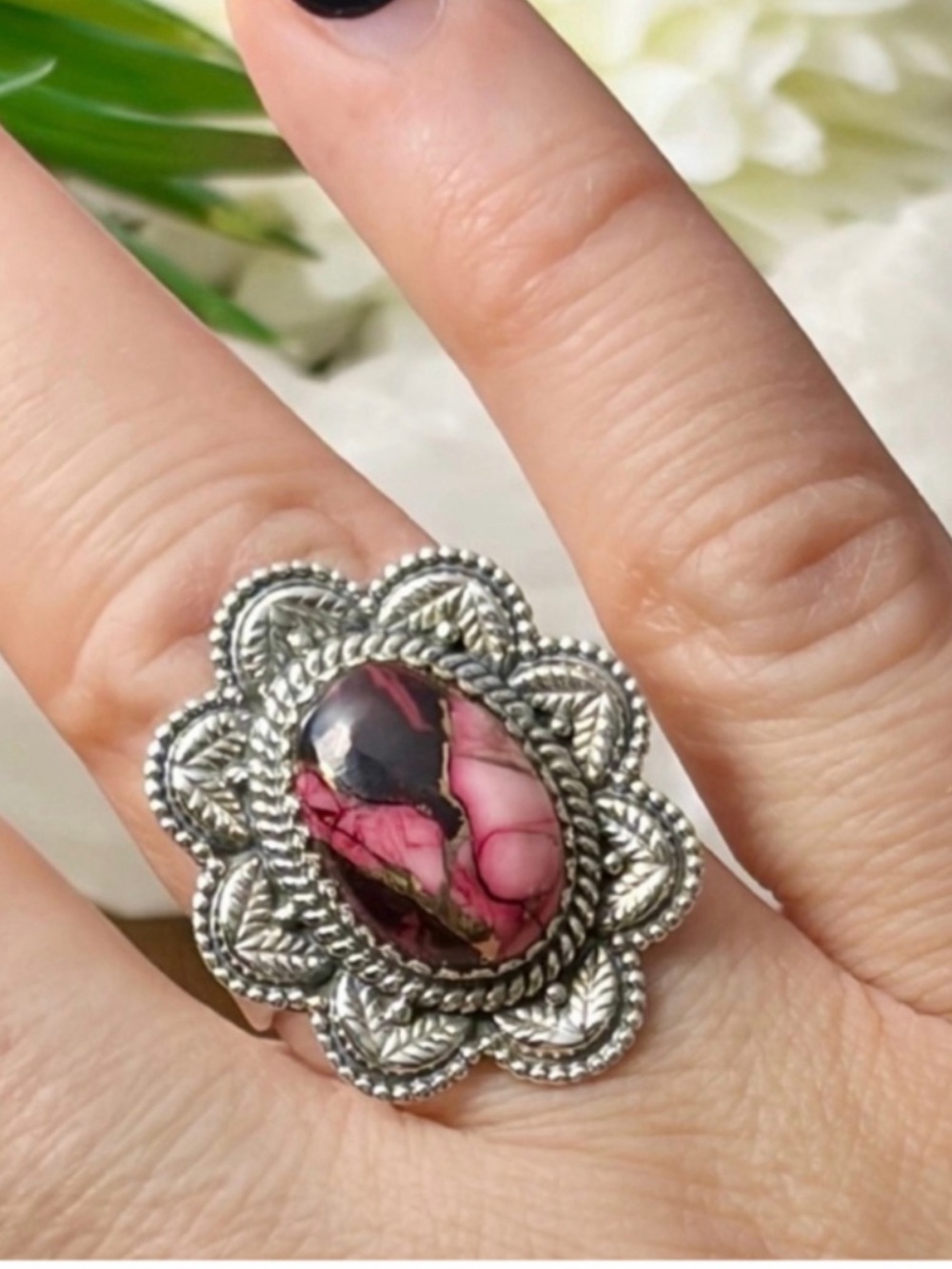 Sterling Silver 925 Red Dahlia Turquoise Flower Navajo Style Ring Size 8.75